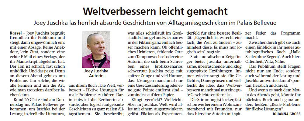 Lesung von Joey Juschka aus ihrem Buch "Die Welt, verbessert" Lesung von Joey Juschka aus ihrem Buch "Die Welt, verbessert"
